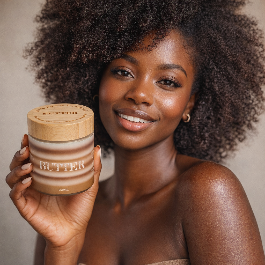 Woman holding a jar labeled 'Butter' against a neutral background